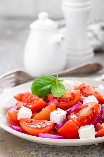 Ensalada Tomate Con Cebolla Roja Fresca Queso Feta Alimentación Saludable — Foto de Stock