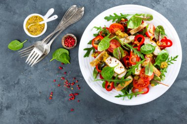 Taze sebze salata tabağı domates, ıspanak, biber, roka, pazı yaprakları ve ızgara tavuk göğsü. Kızarmış tavuk eti, salata ile fileto. Sağlıklı gıda. Diyet yemek veya öğle yemeği menüsü. Salata tabağı tablo. Düz yatıyordu. Yukarıdan görüntülemek