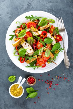 Taze sebze salata tabağı domates, ıspanak, biber, roka, pazı yaprakları ve ızgara tavuk göğsü. Kızarmış tavuk eti, salata ile fileto. Sağlıklı gıda. Diyet yemek veya öğle yemeği menüsü. Salata tabağı tablo. Düz yatıyordu. Yukarıdan görüntülemek