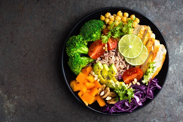 Buddha Bowl Meal Chicken Fillet Brown Rice Avocado Pepper Tomato — Stock Photo, Image