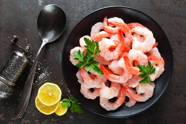 Langostinos Plato Camarones Gambas Mariscos Vista Superior Fondo Oscuro —  Fotos de Stock