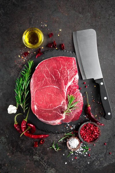 Raw Beef Steak Black Background Cooking Ingredients Fresh Beef Meat — Stock Photo, Image
