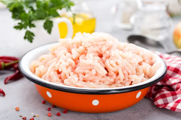 Forcemeat Raw Ground Chicken Meat Bowl White Kitchen Table Fresh — Stock Photo, Image
