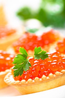 Tartlets kırmızı somon havyar, somon havyar balık. Havyar