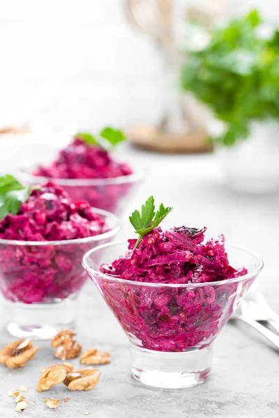 Beet Salad Salad Boiled Beet Beetroot Salad Prune Walnuts Sour — Stock Photo, Image