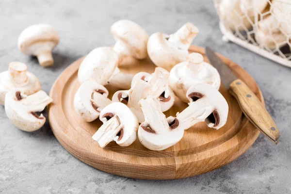 Funghi Freschi Funghi Crudi Tavola Legno Champignons — Foto Stock