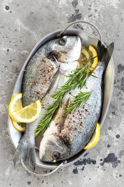 Taze dorado balık. Limon ve biberiye çiğ dorado balık. Çipura veya dorada balık