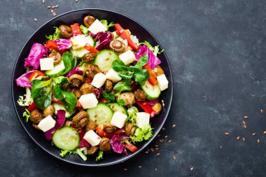 Mantar ve mozzarella peyniri siyah plaka üzerinde taze sebze salatası. Fried petrol sebze salatası ile