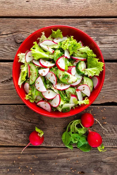 Ensalada Vegetal Vegetariana Rábano Pepinos Ensalada Lechuga Semillas Lino Comida —  Fotos de Stock