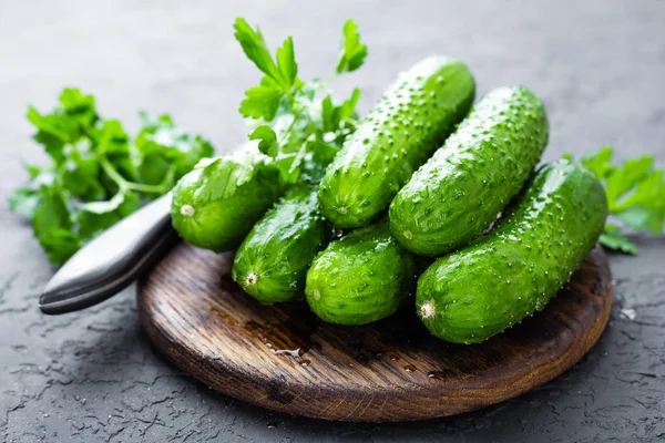 Cucumbers Fresh Cucumbers Wooden Board — Stock Photo, Image