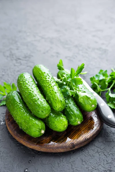 Cucumbers Fresh Cucumbers Wooden Board — Stock Photo, Image