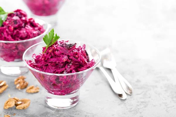 Beet Salad Salad Boiled Beet Beetroot Salad Prune Walnuts Sour — Stock Photo, Image