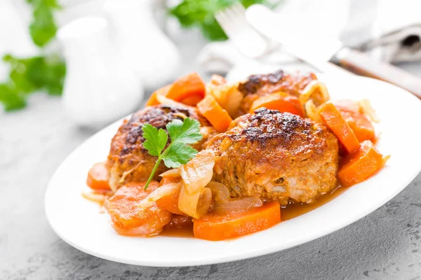 Fish Meatballs Noisettes Baked Carrot Onion Tomato Sauce Fish Meatballs — Stock Photo, Image