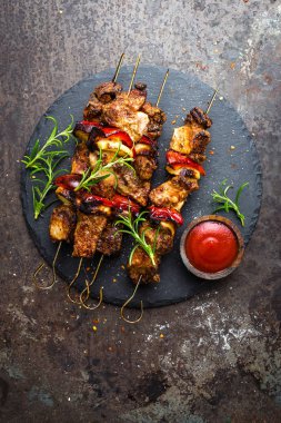 Grilled meat skewers, shish kebab with onion and sweet pepper clipart