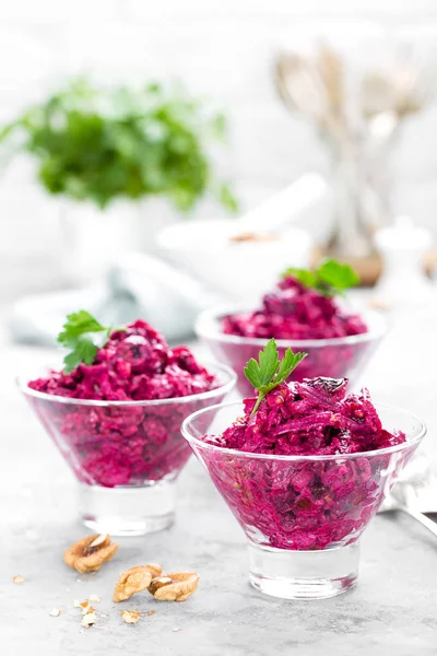 Salada Beterraba Salada Beterraba Fervida Salada Beterraba Com Ameixa Nozes — Fotografia de Stock