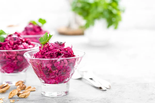 Beet Salad Salad Boiled Beet Beetroot Salad Prune Walnuts Sour — Stock Photo, Image