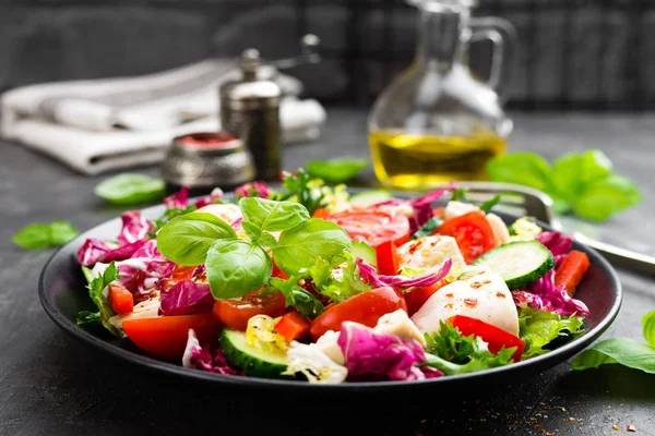 stock image Salad with chicken meat. Fresh vegetable salad with chicken breast. Meat salad with chicken fillet and fresh vegetables on plate