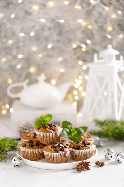 Muffins Arándanos Con Bayas Frescas Decoraciones Navidad Navidad Año Nuevo — Foto de Stock