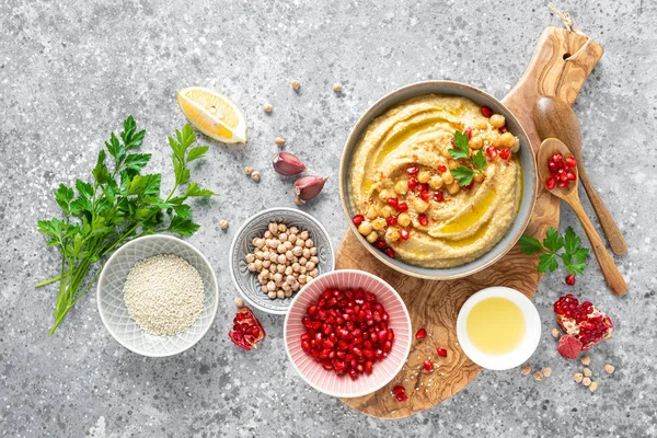 Chickpea Hummus Med Tahini Skål Friska Vegetariska Aptitretare Köket Mellanöstern — Stockfoto