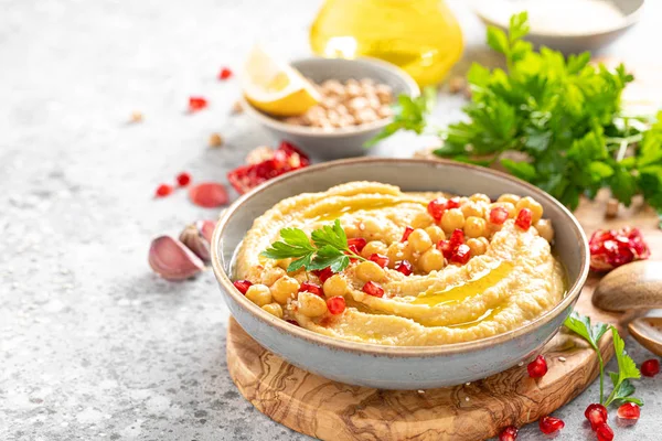Hummus Pois Chiches Avec Tahini Dans Bol Apéritif Végétarien Sain — Photo