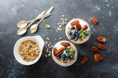 Ricotta peyniri, granola ve cevizli yabanmersini parfe.