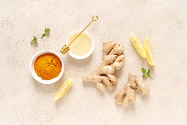 Імбирні Інгредієнти Чаю Куркумою Мед Свіжий Лимон Ята — стокове фото