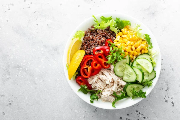 Chicken Meat Lunch Bowl Fresh Salad Leaves Corn Cucumber Sweet — Stock Photo, Image
