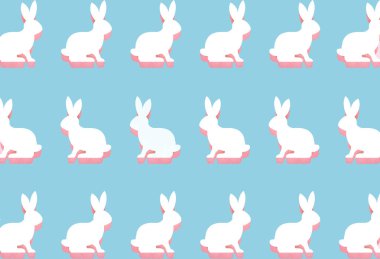 Paskalya beyaz tavşanı, parlak mavi arka planda, sert gölgeli, duvar kağıdı, tebrik kartı, üst görünümü olan düz bir desen çiziyordu.