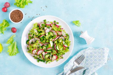 Turp, salatalık, marul, dereotu ve yeşil soğanlı taze sebze salatası.