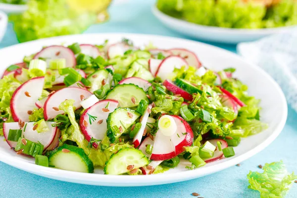 Ensalada Verduras Frescas Con Rábano Pepinos Lechuga Eneldo Cebolla Verde — Foto de Stock