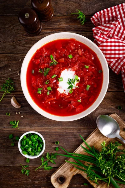 Traditional Ukrainian Borscht Vegetable Soup Tomato Beet Carrot Potato Pepper — Stock Photo, Image