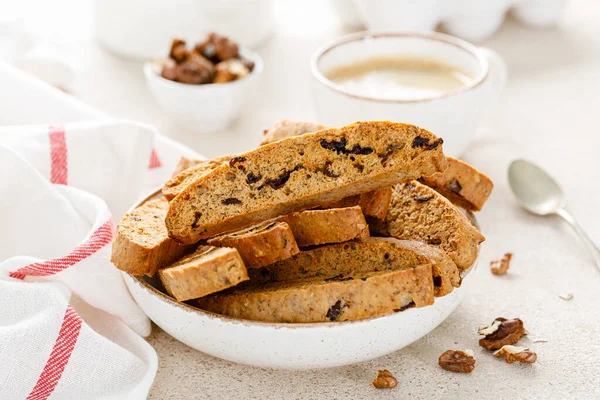 Biscotti Cookies Dried Cranberry Walnuts Cup Coffee — Stock Photo, Image