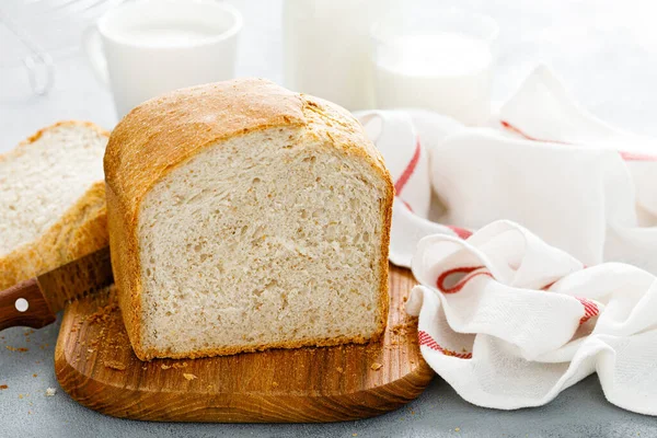Homemade White Wholegrain Bread Sliced Wooden Board — Stock Photo, Image