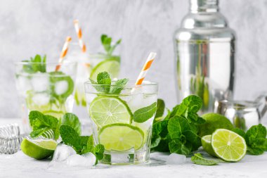 Yaz aylarının ferahlatıcı alkollü kokteyl mojito buzlu, taze nane ve limonlu