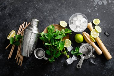 Buzlu, taze nane ve limonlu yaz alkollü kokteyli için mojito ve bar malzemeleri.