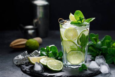 Yaz aylarının ferahlatıcı alkollü kokteyl mojito buzlu, taze nane ve limonlu