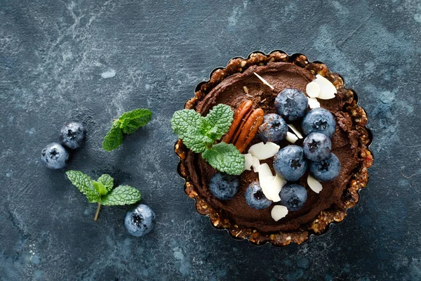 Postre Vegano Crudo Saludable Dátiles Tartaletas Con Crema Chocolate Anacardo — Foto de Stock