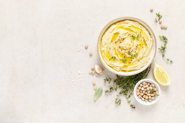Hummus, mashed chickpeas with lemon, spices and herbs