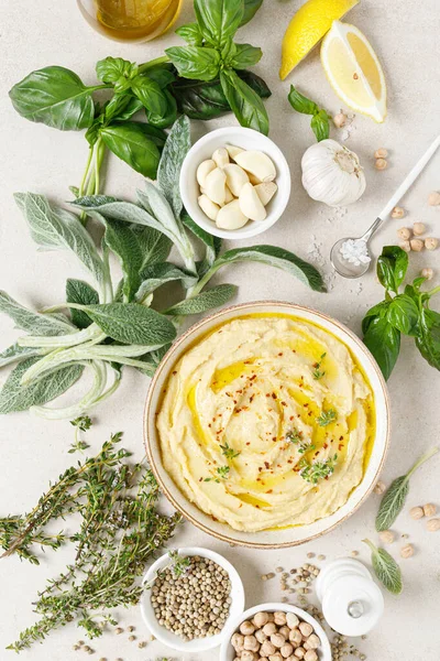 Hummus Πουρέ Ρεβίθια Λεμόνι Μπαχαρικά Και Βότανα — Φωτογραφία Αρχείου