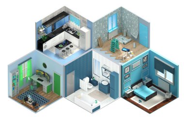 3B Yapılandırma Konsepti Isometric iç mekan.