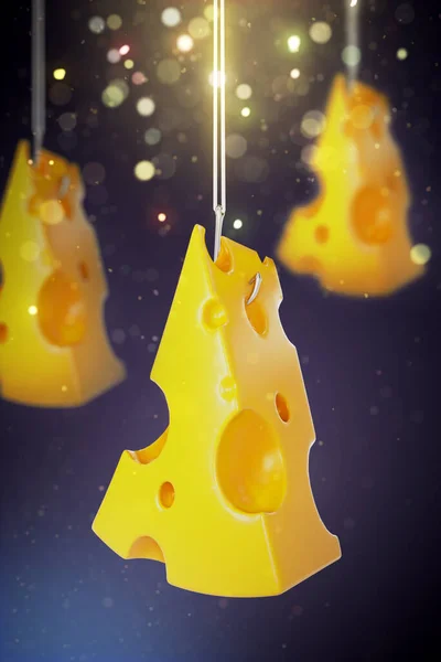 Pieces Cheese Hanging Hook Render — Stock Photo, Image