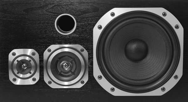 Closeup of three stereo speakers