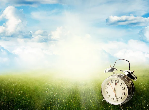 Springtime clock in field — Stock Photo, Image