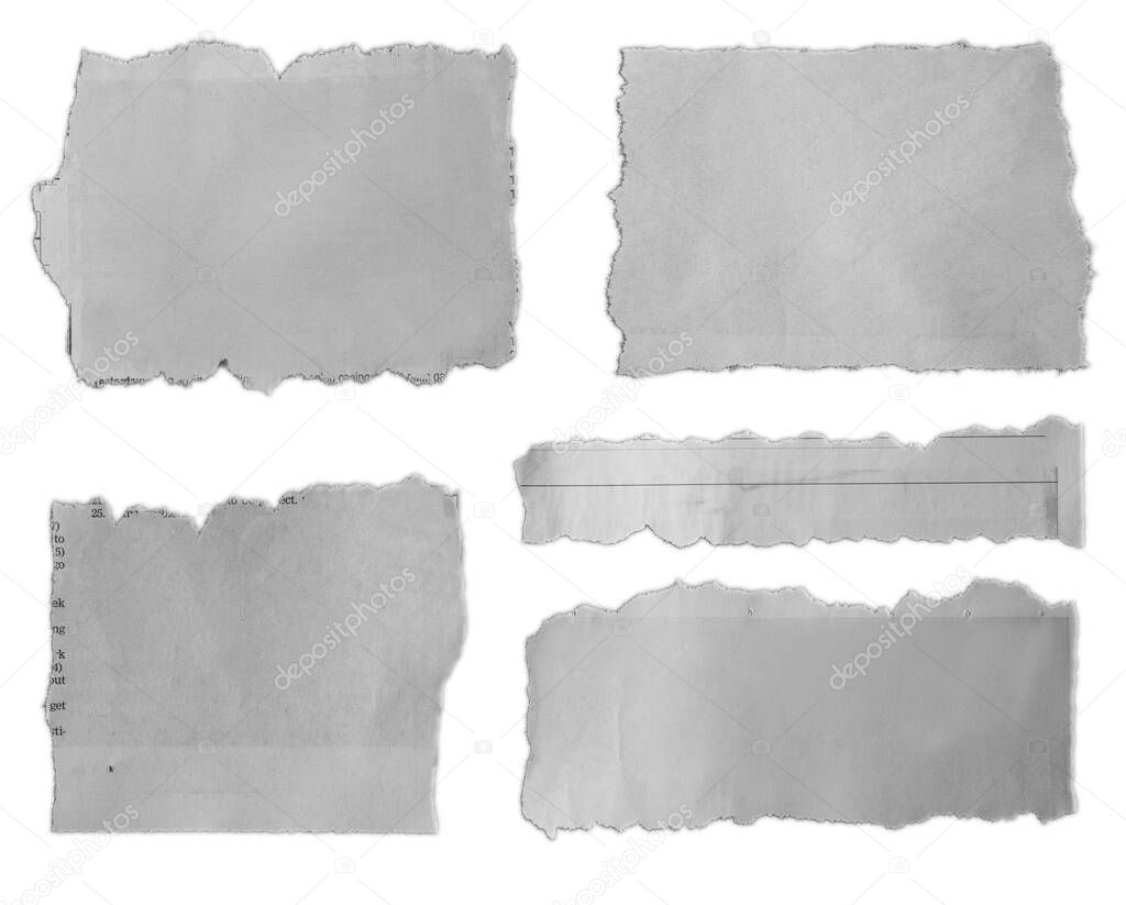 Five pieces of torn paper on plain background 