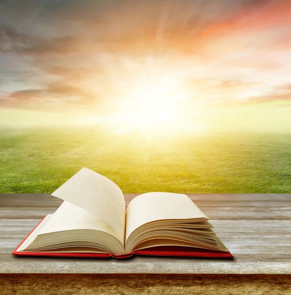 Open Book Table Front Grass Sky — Stock Photo, Image