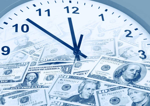 Relógio Notas Americanas Tempo Ideia Dinheiro — Fotografia de Stock