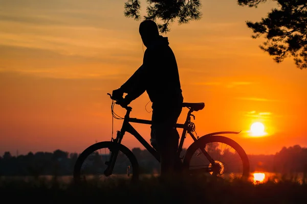 나무 아래에서 일몰에 단일 자전거 서입니다. 태양에서 사이클 — 스톡 사진