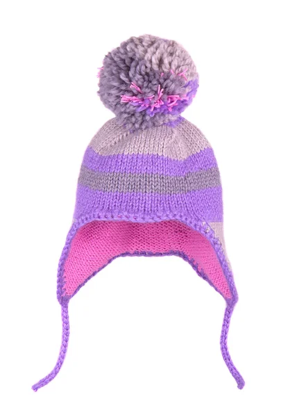 Multi-colored children's hat on strings. Warm hat for a child. — Stock Photo, Image