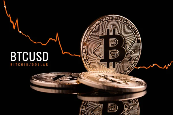 Diminuição do valor de bitcoins em relação ao dólar . — Fotografia de Stock