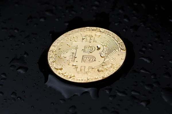 Bitcoin Moeda Ouro Com Gotas Água Bitcoin Fundo Preto — Fotografia de Stock